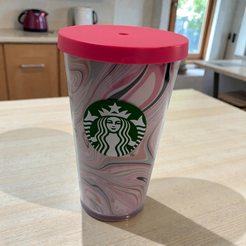 Starbucks Pink Marble Swirl Heart Cold‎ Cup Tumbler 16oz Grande Pink Lid Acrylic